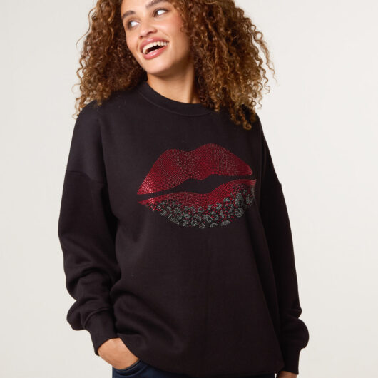 Rhinestone Lips Sweatshirt - ONE / BLACK